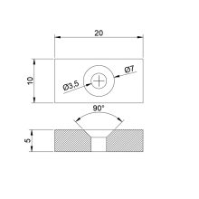 Neodimium téglatest mágnes 20x10x5 mm N48 süllyesztett furattal