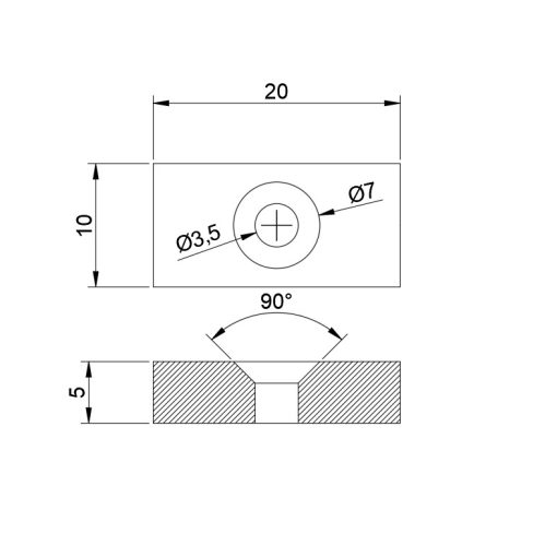 Neodimium téglatest mágnes 20x10x5 mm N48 süllyesztett furattal