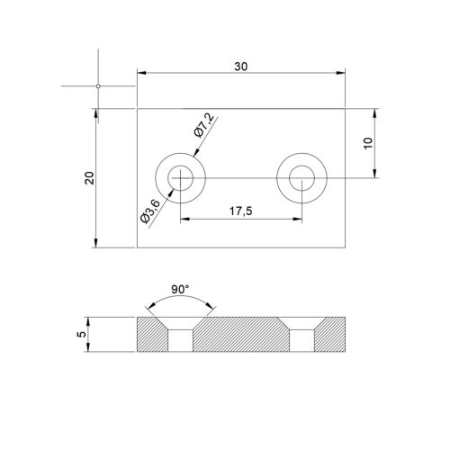 Neodimium téglatest mágnes 20x10x5 mm N48 süllyesztett furattal