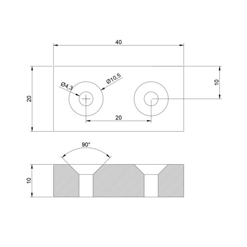 Neodimium téglatest mágnes 40x20x10 mm N48 süllyesztett furattal