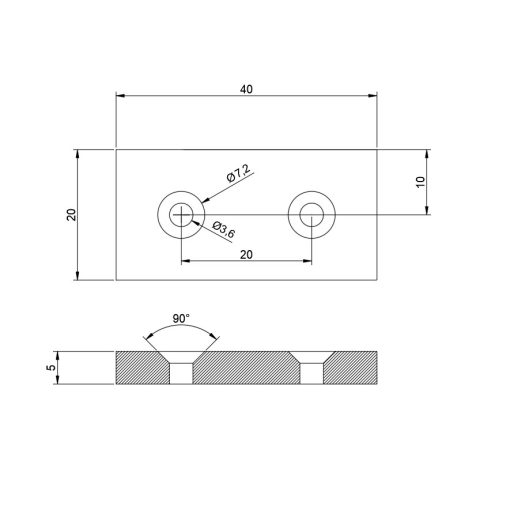 Neodimium téglatest mágnes 40x20x5 mm N48 két süllyesztett furattal